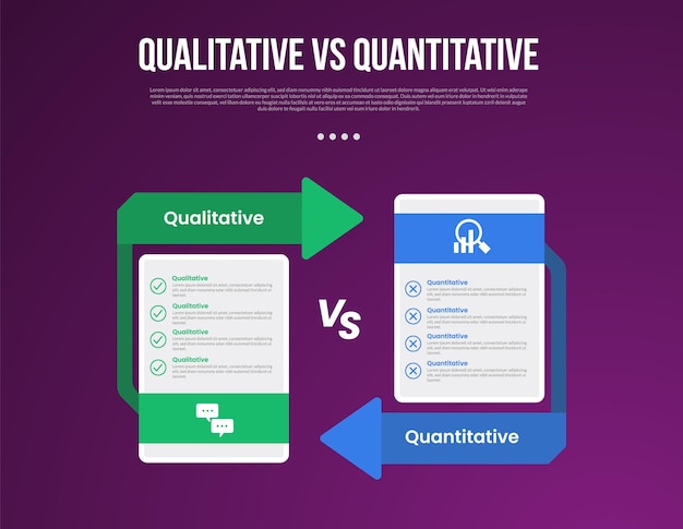qualitative vs quantitative data infographic outline style with 2 point comparison template with price table box with arrow opposite direction for slide presentation