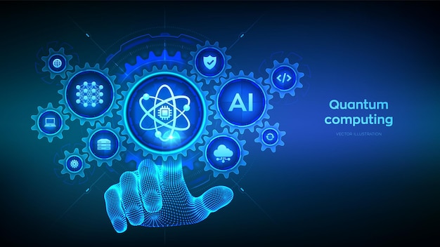 Quantum computing technology concept Quantum qubit intelligent computing Quantum technology Data analytics Hand touching digital interface with interconnected gears and icons Vector illustration