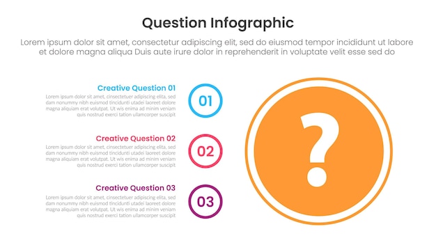 question infographic template banner with big circle on right column and circle outline stack with 3 points for slide presentation