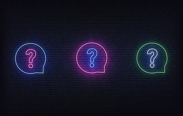 Question neon sign. Glowing neon quiz template signboard set.
