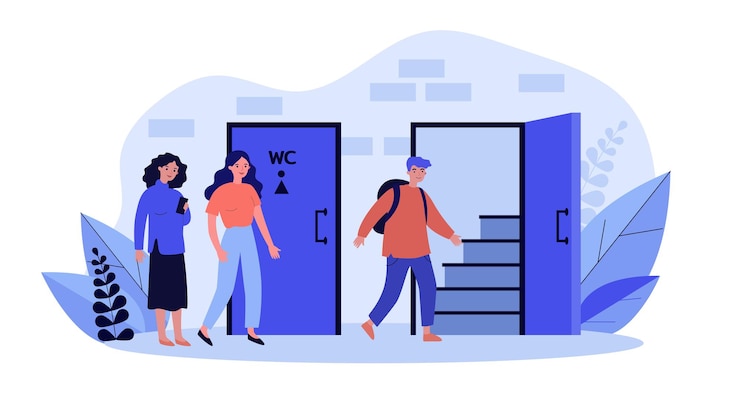Vektor queue to men and women restrooms. flat vector illustration. women waiting at door while man entering public toilet. hygiene, need, gender concept for banner design or landing page