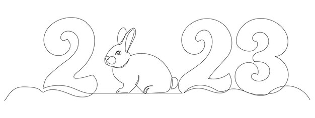 rabbit and 2023 year drawing by one continuous line vector