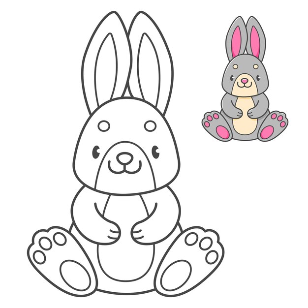 Rabbit coloring book with coloring example for kids Coloring page with cute bunny