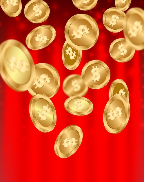 rain gold coin on with red background.