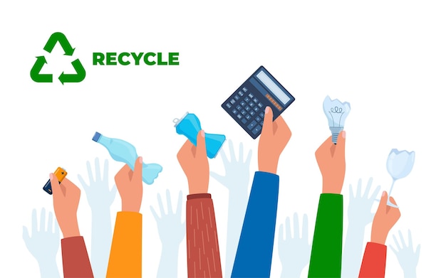 Raised hands with various trash Garbage sorting Zero waste environment protection concept