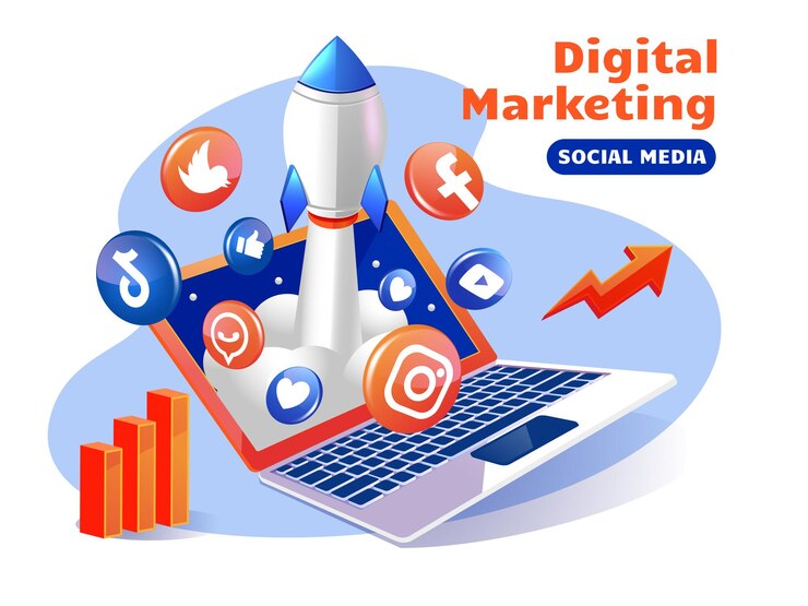 Vektor raketa podporuje digitální marketing sociálních médií pomocí notebooku