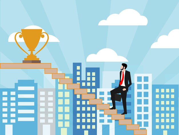 Reaching for Success Business Person Climbing Towards the Trophy