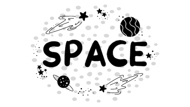 Readymade banner with the inscription space and a set of space elements planets stars constellat