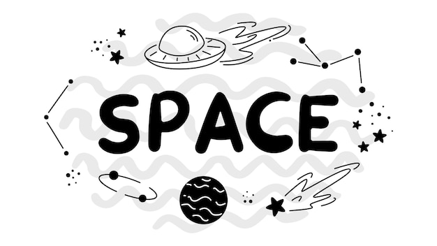 Readymade banner with the inscription space and a set of space elements planets stars
