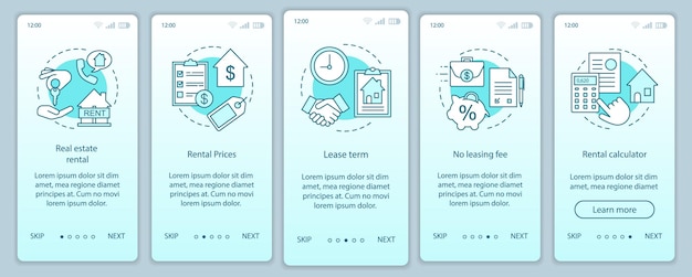 Real estate rental onboarding mobile app page screen with linear concepts. Property leasing prices, term walkthrough steps graphic instructions. UX, UI, GUI vector template with illustrations