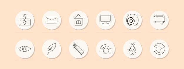 real estate set icon location pin envelope house monitor message eye leaf usb drive world map vector line icon on peach background