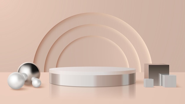 Realistic 3d podium with geometric shapes on a delicate light pink background.
