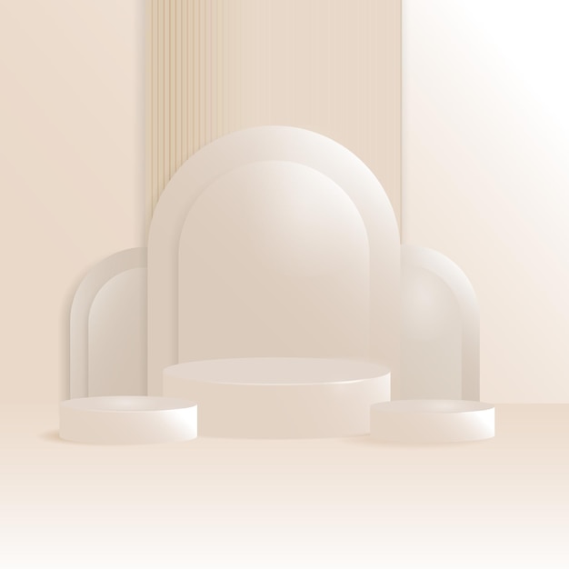 Realistic beige cylindrical podium set background with arches and wall Vector