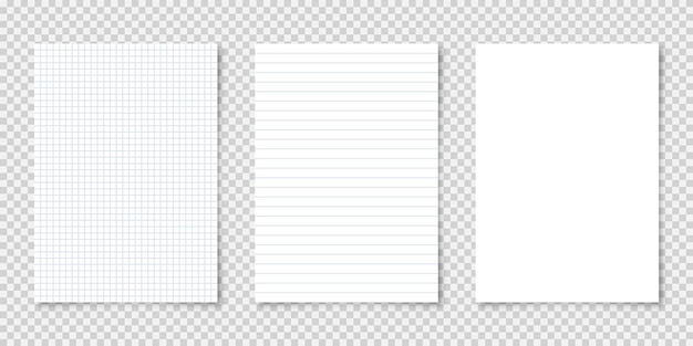 Realistic blank lined paper sheets in a format on transparent background notebook page document