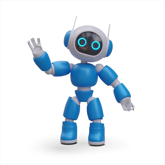 Realistic blue robot waving in friendly manner Artificial intelligence cartoon style droid