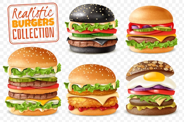 Realistic burgers collection transparent background set