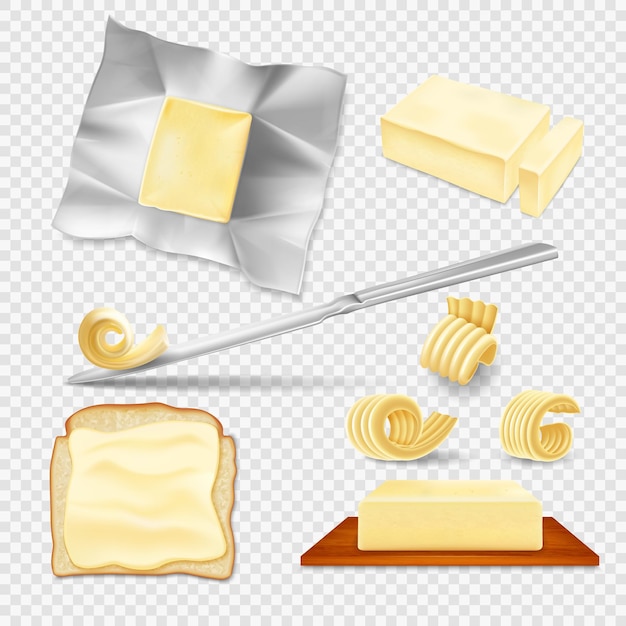 Realistic butter Spread margarine on bread with knife Fat food on kitchen dish Healthy milk diet for breakfast cooking Dairy product pieces and slices Vector isolated 3D objects set