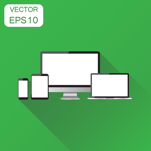 Realistic device icon Business concept smartphone tablet laptop and desktop computer pictogram Vector illustration on green background with long shadow