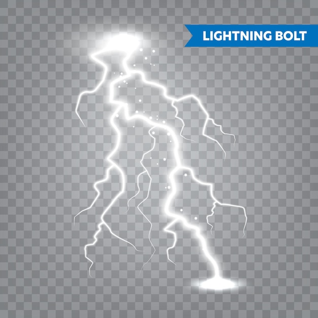 Realistic lightning on transparent background thunderstorm and lightning bolt sparks of light stormy