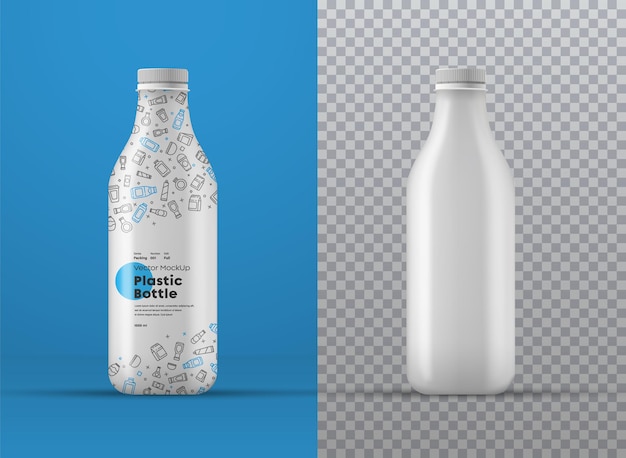 realistic mockup of white plastic bottle with label. universal template for different volumes in milliliters on transparent and colored backgrounds.