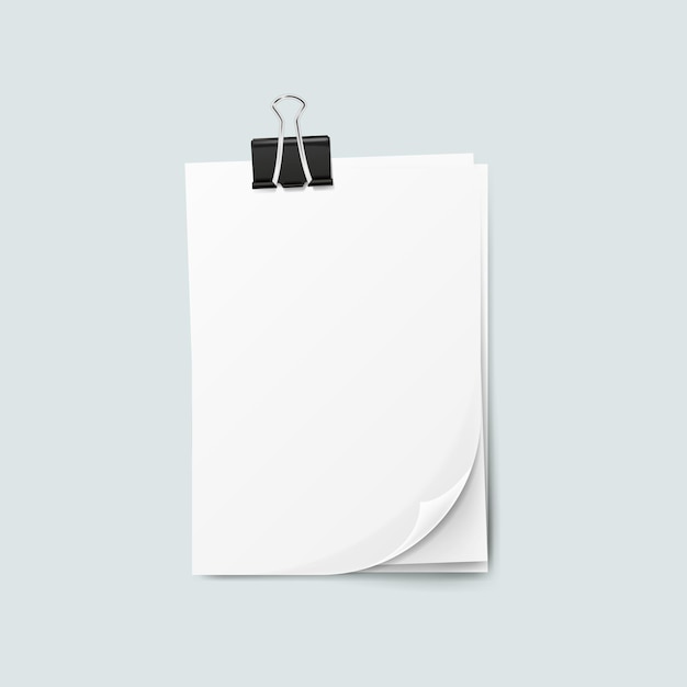 Realistic several sheets of paper and a metal paper clip isolated on background 3d Vector illustration