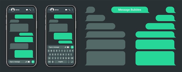 Realistic smartphone with messaging app blank sms text frame conversation chat screen with green