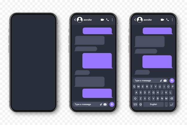 Realistic smartphone with messaging app blank sms text frame conversation chat screen with violet