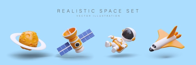 realistic space set planet with asteroid belt shuttle astronaut in suit orbital satellite