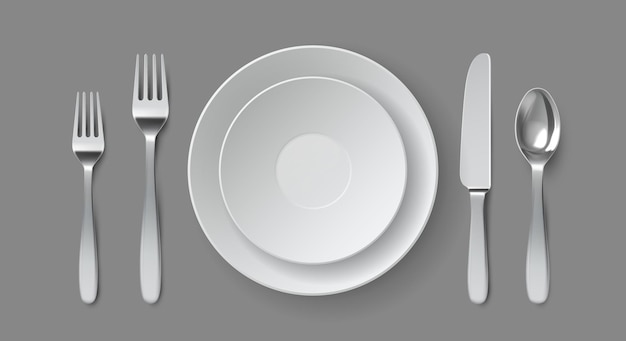 realistic table serving. round dining plate with forks, knife and spoon. restaurant empty dish and cutlery close up top view vector mockup