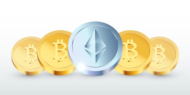 Realistické mince Ethereum a Bitcoin stojící v řadě