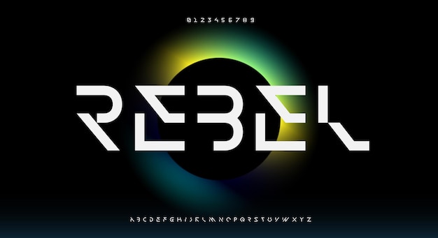 rebel, an abstract futuristic alphabet font. digital space typography design