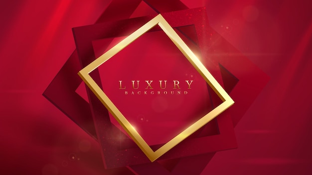 Red luxury background with 3d gold square and glitter light effect with bokeh decoration and beam