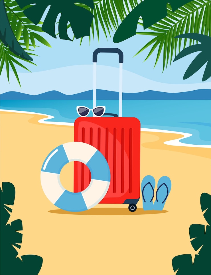 Vektor red travel suitcase on tropical beach sunglasses inflatable circle rubber beach