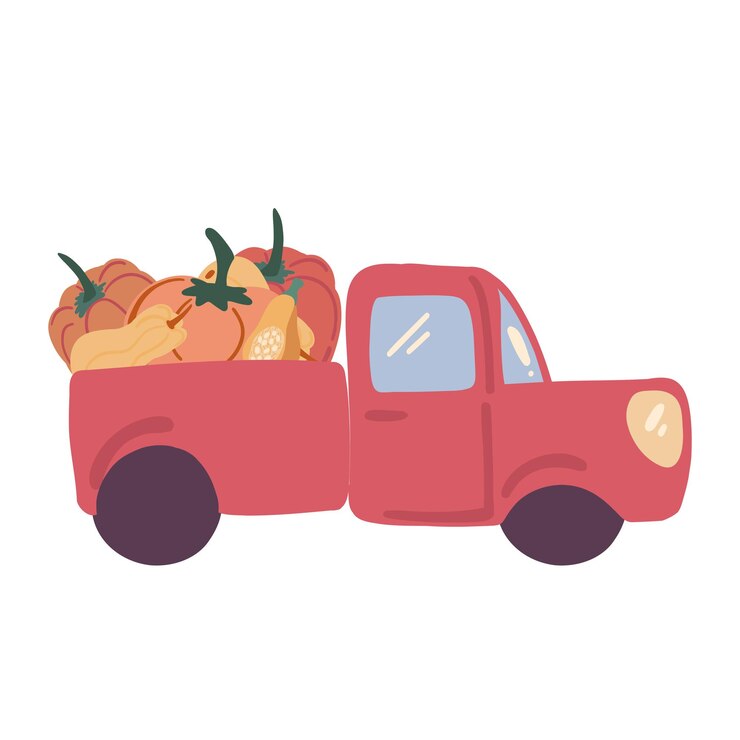 Vektor red truck with pumpkins flat design set on white background