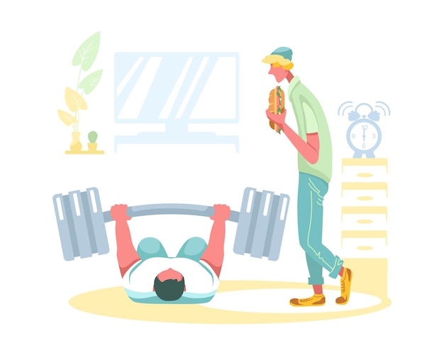 regular physical activity daily exercise complex of exercises for muscles lifting barbell guy is holding hot dog male character lifting heavy barbell at home