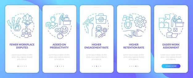 Relations with workers advantages blue gradient onboarding mobile app screen