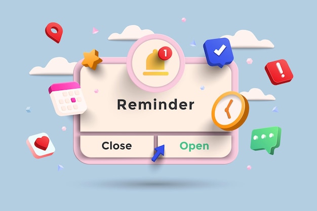 Reminder 3D Illustration, Notifications page with floating elements. Business planning ,events, reminder and timetable with 3d rendering. Vector Illustration.
