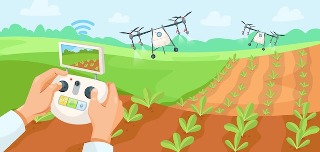 remote control of drones spraying crops in a smart farm field vector illustration
