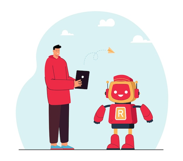 Remote control of robot by engineer. Happy man using AI technology of future flat vector illustration. Artificial intelligence, engineering concept for banner, website design or landing web page