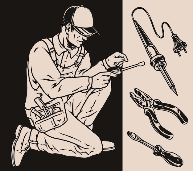 Repairman and tools monochrome elements