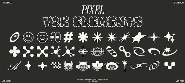 retro futuristic y2k elements for design big collection of abstract graphic pixel geometric symbols