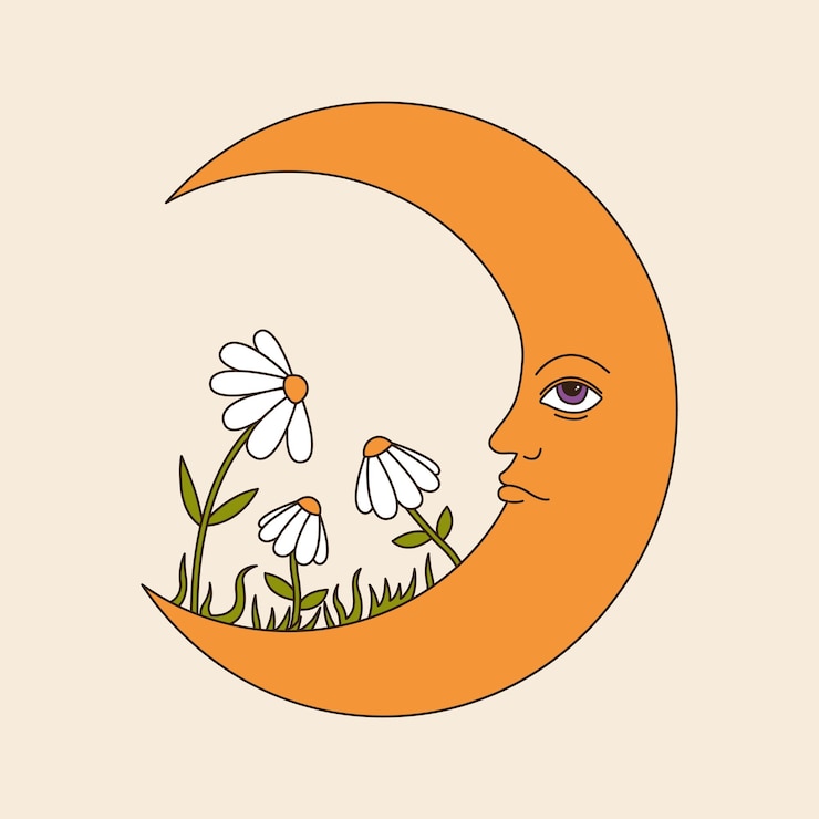 Vektor retro groovy crescent with flowers 60s and 70s vibes psychedelic vector clipart