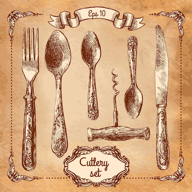 retro transparent silverware icons sketch style illustration vector file layered for easy editing
