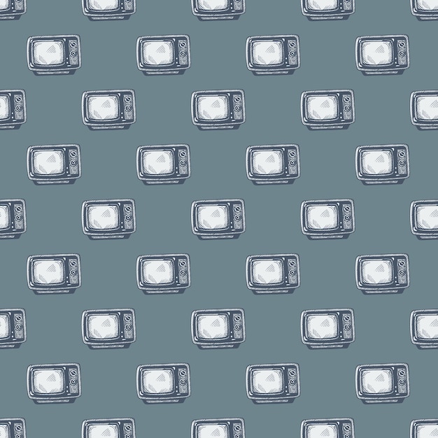 Retro TV engraved seamless pattern Vintage television media equipment in hand drawn style