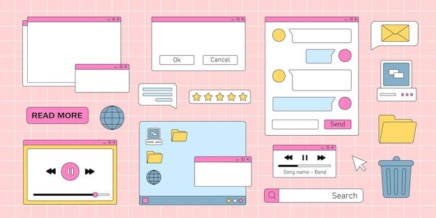 retro vaporwave set old style user interface elements folders and documents graphic elements for website and software cartoon flat vector collection isolated on pink background