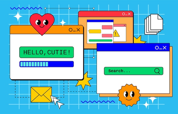 Retrowave 90s pc desktop with message boxes and user interface elements
