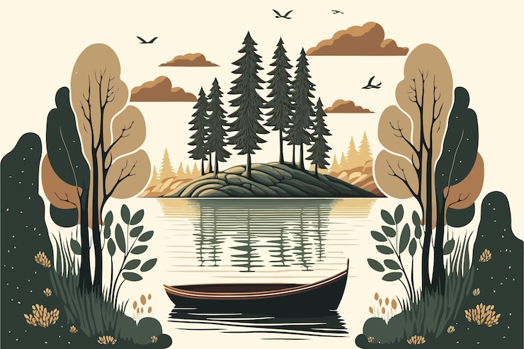 Vektor river in natural environment with an empty boat