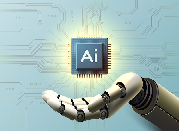 Robot arm with microchip ai processor microprocessor electronics vector illustration