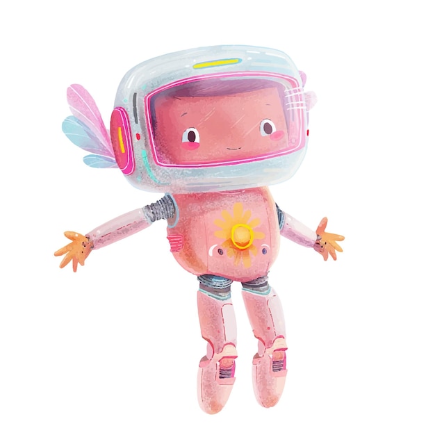robot flying white background watercolor 6