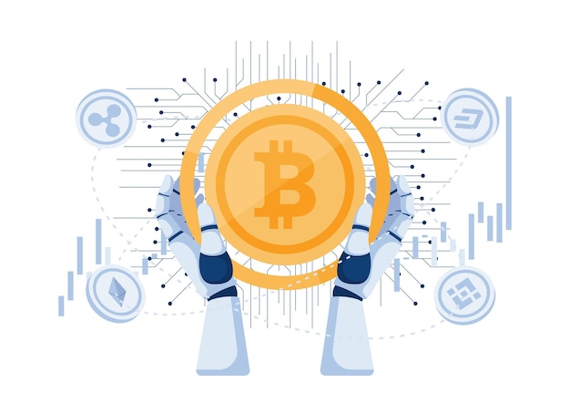 Robot Hand Holding Bitcoin and Other Cryptocurrency. Cryptocurrency Trading Bot and Digital Currency Investment Concept.
